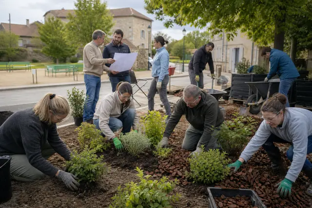 Bénévoles équipés plantant des arbustes dans un espace public de village.