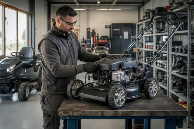 Technicien contrôlant une tondeuse dans un atelier de motoculture bien équipé.