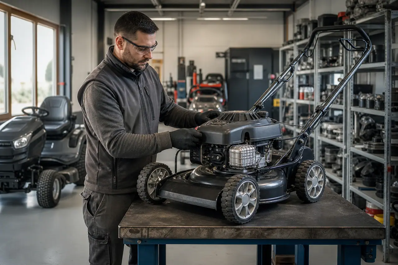 Technicien contrôlant une tondeuse dans un atelier de motoculture bien équipé.