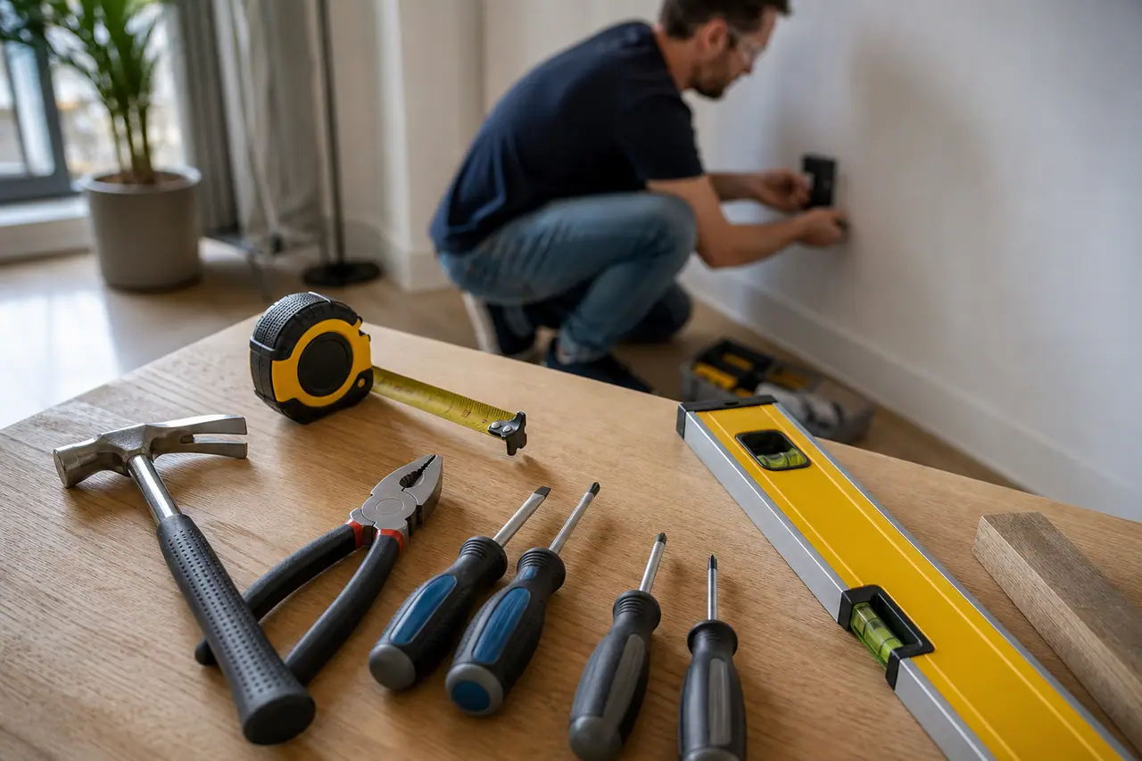 Cinq outils manuels essentiels rangés sur un établi pour les petits travaux.