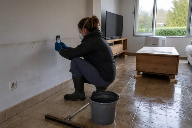 Habitant équipé photographiant les dégâts d’eau dans un salon inondé avant nettoyage.