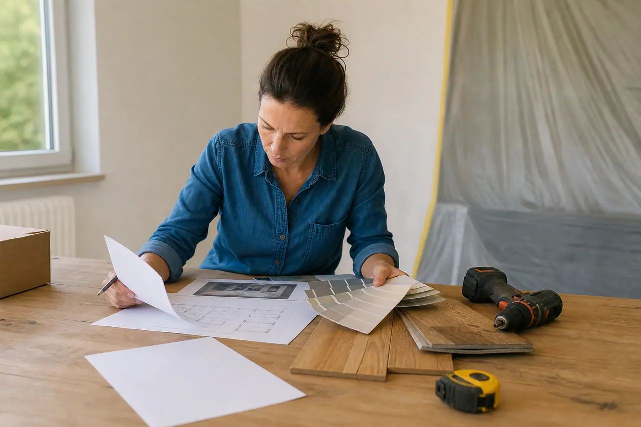 Particulier préparant un budget travaux avec outils et échantillons de matériaux.