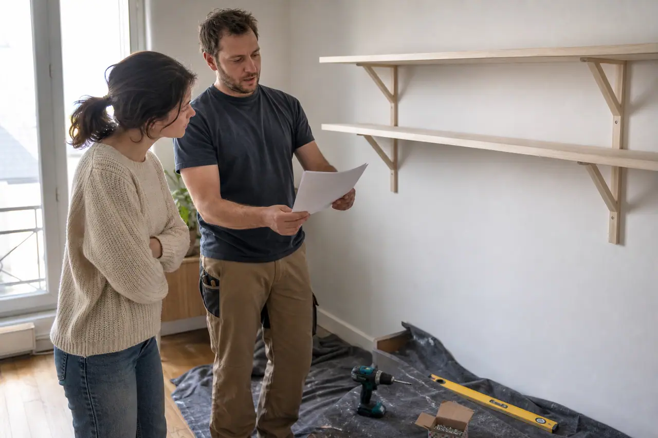 Propriétaire et intervenant vérifiant une étagère fixée dans un appartement.
