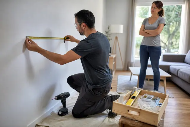 Intervenant équipé installant une étagère dans un salon lumineux et rangé.