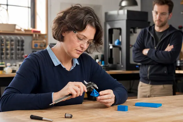Débutante mesurant une pièce imprimée en 3D dans un atelier partagé sécurisé.
