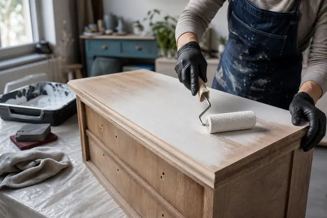 Application au rouleau d’une peinture mate à la craie sur commode en bois.