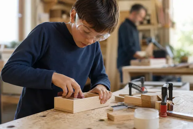 Jeune ponçant une petite boîte en pin sur un établi sécurisé.