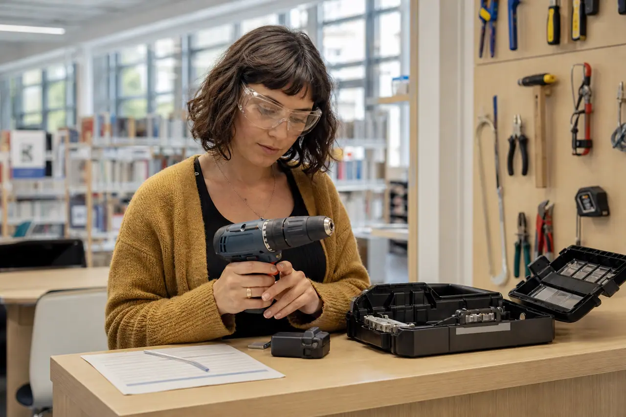 Une personne vérifie une perceuse empruntée dans un espace de prêt d’outils.