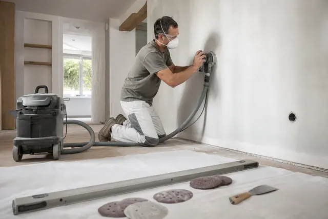 Bricoleur ponçant un mur enduit avec aspirateur et protections respiratoires.