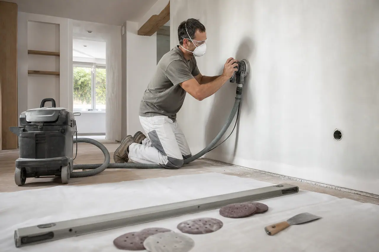 Bricoleur ponçant un mur enduit avec aspirateur et protections respiratoires.
