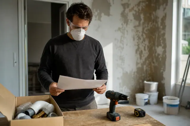 Particulier comparant matériel de réparation et budget travaux dans un appartement rénové.