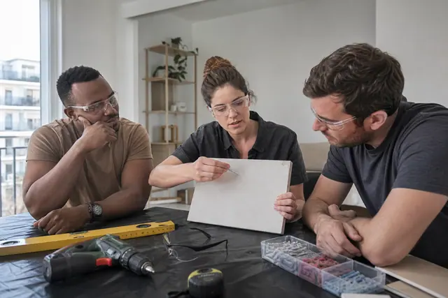 Locataires apprenant à fixer une cheville lors d’un atelier de bricolage collectif.