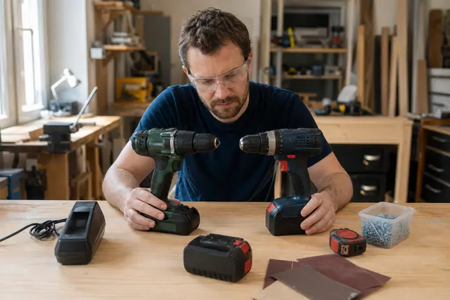 Particulier comparant deux perceuses sur un établi avec batteries et accessoires.