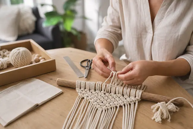 Personne réalisant un macramé mural avec un kit créatif sur table protégée.