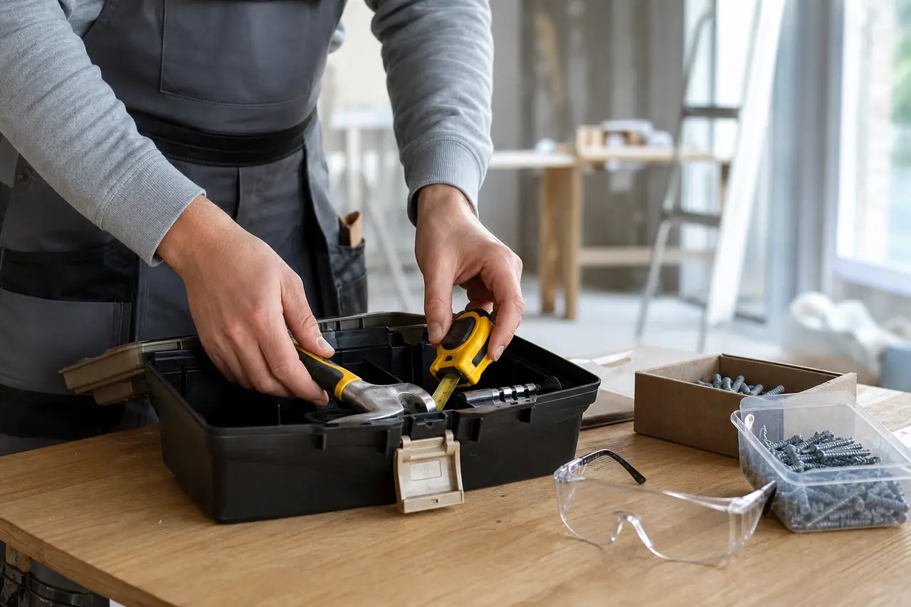 Caisse à outils compacte avec outils manuels essentiels rangés sur un établi.