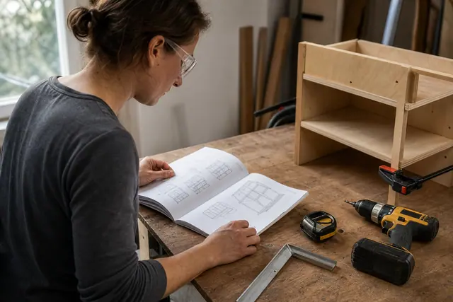 Bricoleur consultant un guide illustré près d’une étagère en bois en montage.