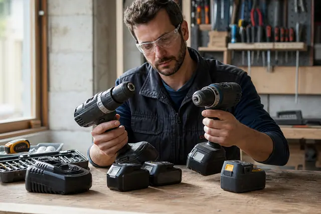 Artisan comparant deux perceuses sans fil et leurs batteries sur établi.