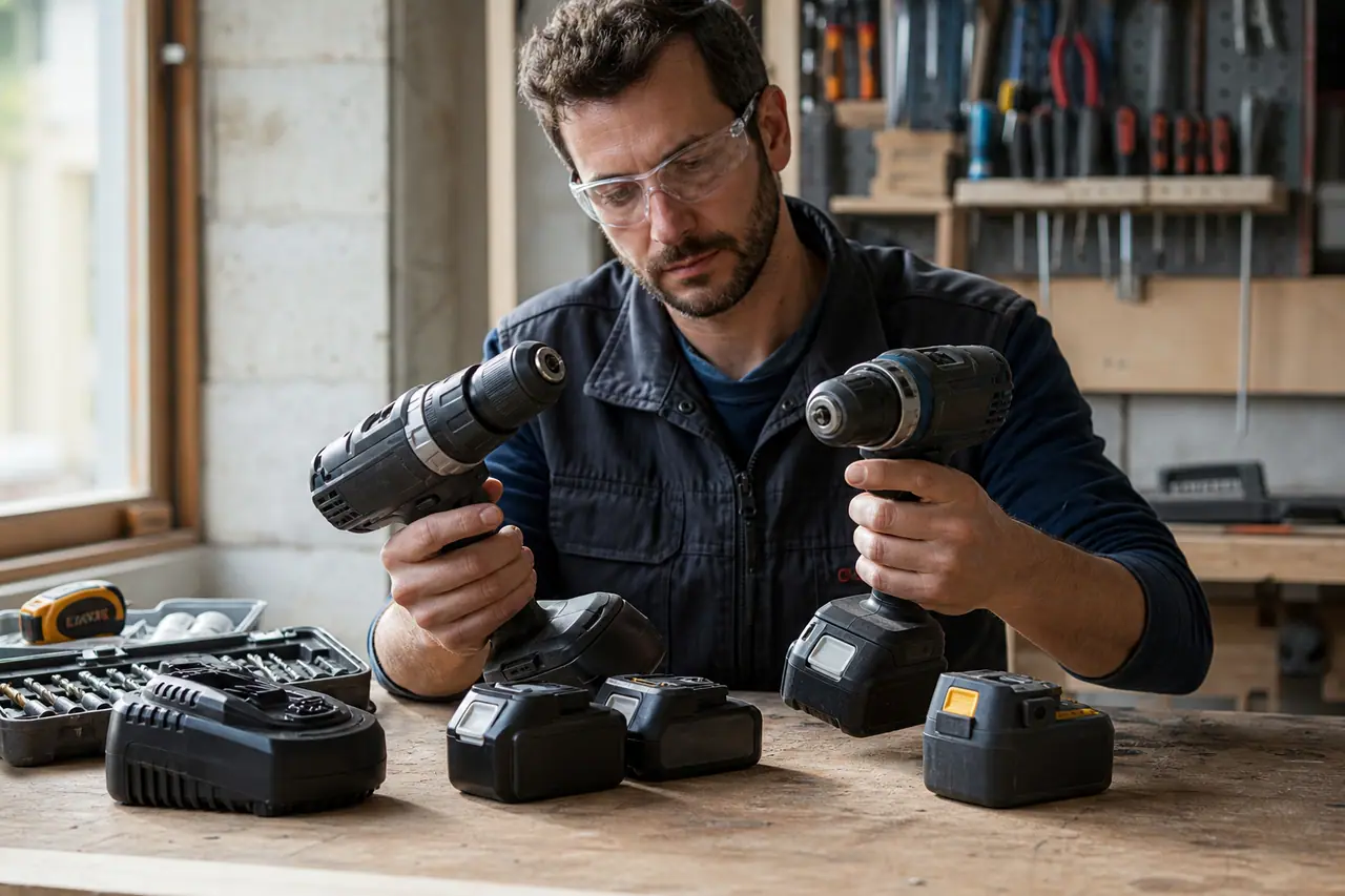Artisan comparant deux perceuses sans fil et leurs batteries sur établi.