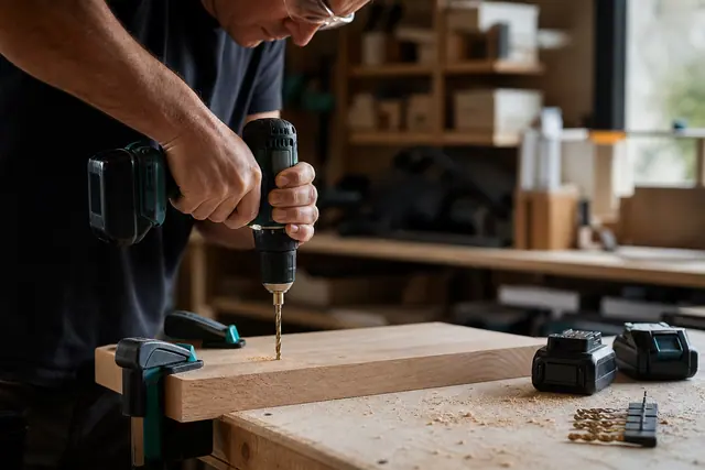 Bricoleur équipé utilisant une perceuse-visseuse sur une planche serrée à l’établi.