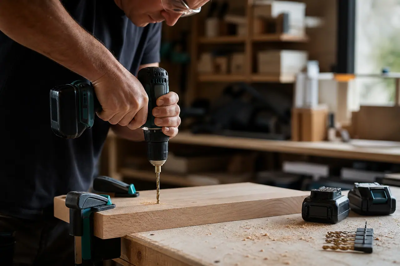 Bricoleur équipé utilisant une perceuse-visseuse sur une planche serrée à l’établi.