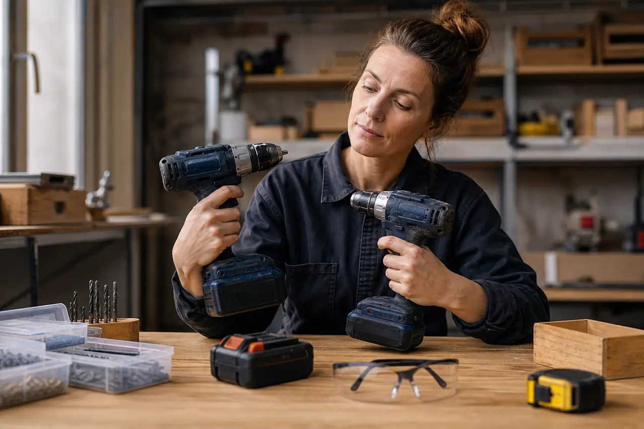 Bricoleuse comparant deux perceuses sans fil et leurs batteries sur un établi.