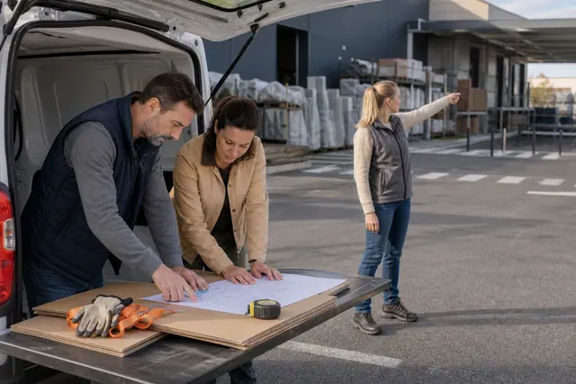 Couple préparant le chargement de matériaux sur un parking de bricolage.