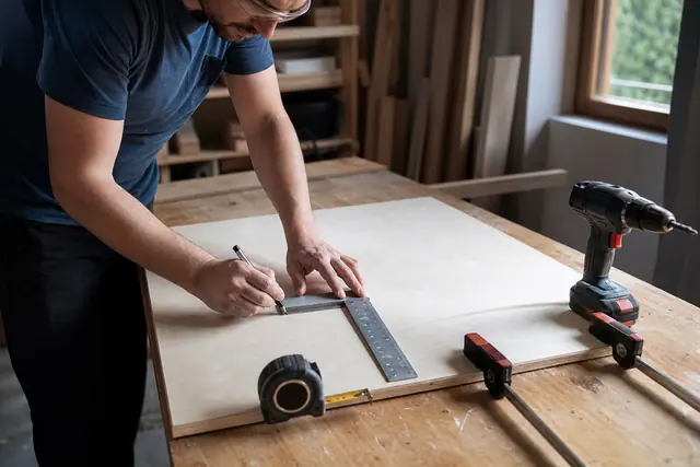 Débutant mesurant une planche sur établi avec équerre et serre-joints.