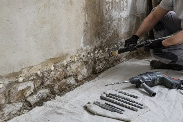 Bas de mur en pierre avec trous de perçage réguliers pour injection de résine hydrofuge