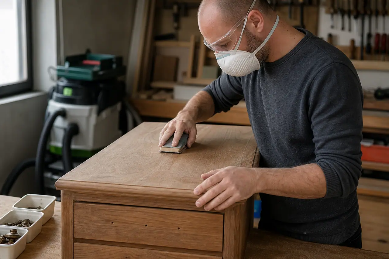 Commode en bois poncée avant peinture dans un atelier de bricolage