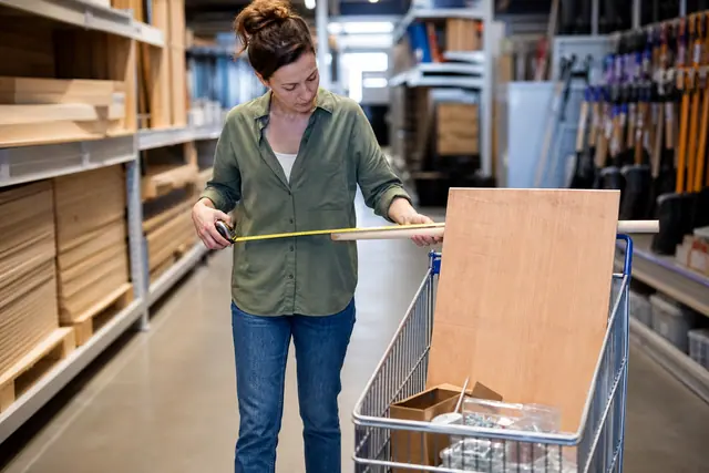Cliente mesurant un tasseau avant achat dans un magasin de bricolage.