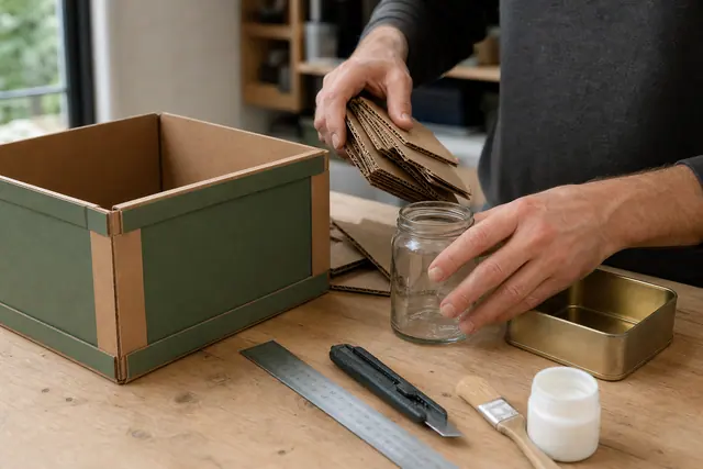 Boîte de rangement en carton recyclé entourée de matériaux récupérés sur établi.