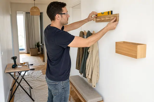 Pose sécurisée d’un panneau de patères en bois dans une petite entrée.
