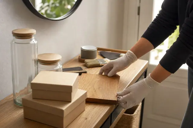 Rangements DIY en bocaux, cartons et bois sur une console d'entrée.