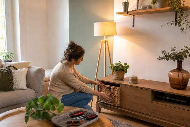Petit salon lumineux réorganisé avec rangement bas, mur coloré et lampe d’appoint.