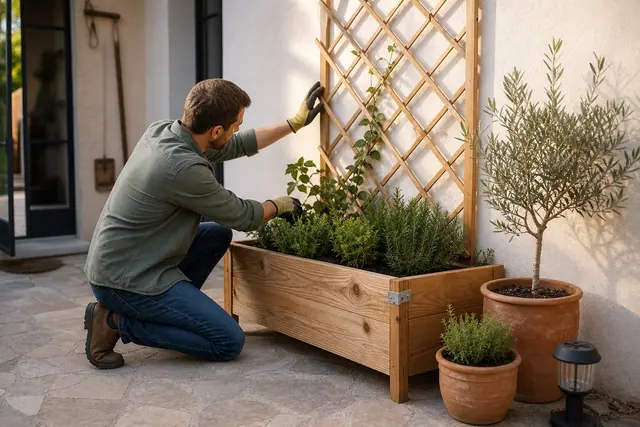 Jardinière en bois avec treillis et plantes dans une petite cour.