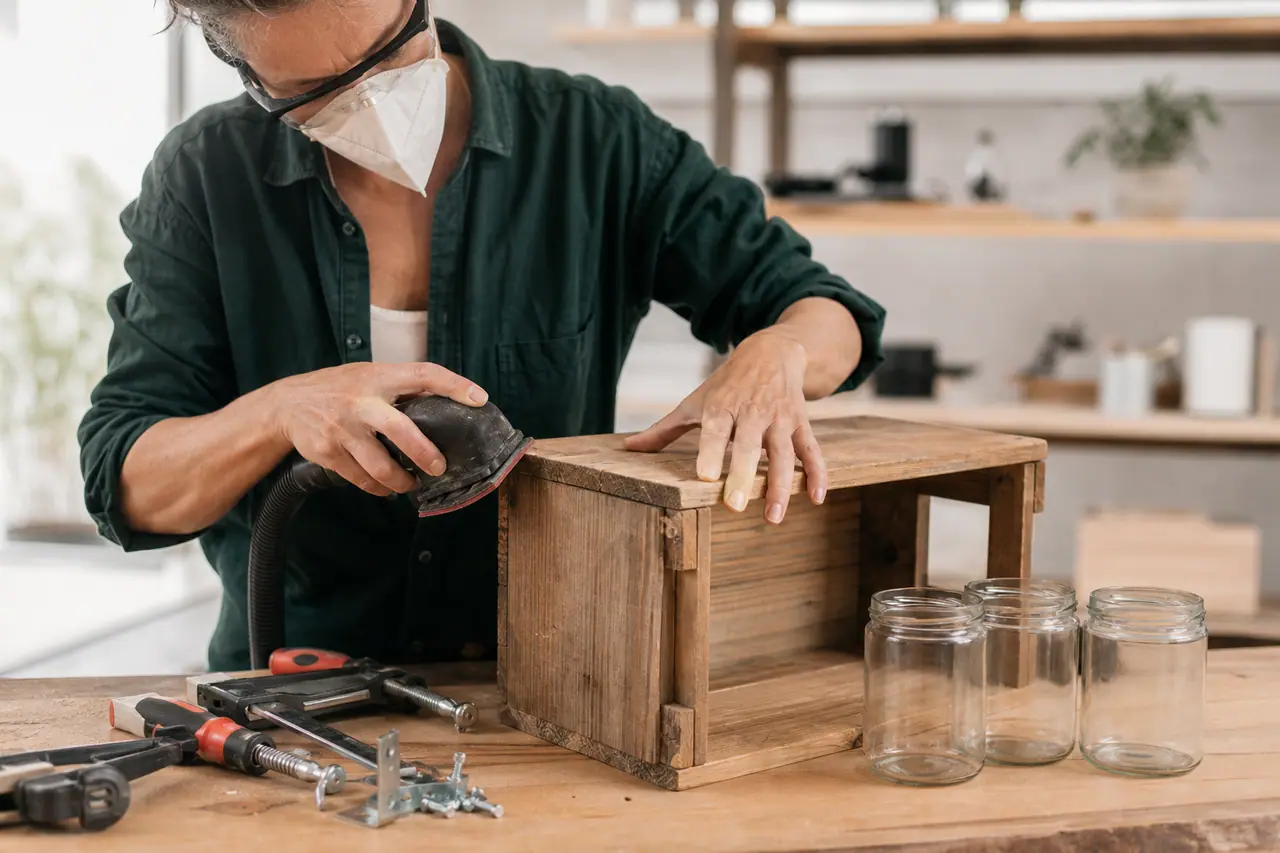 Bricoleur ponçant une caisse en bois récupérée sur un établi stable.