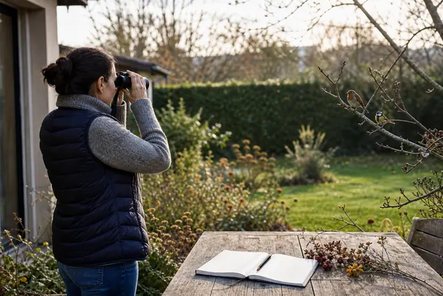 Habitante observant discrètement les oiseaux d’une haie depuis sa terrasse
