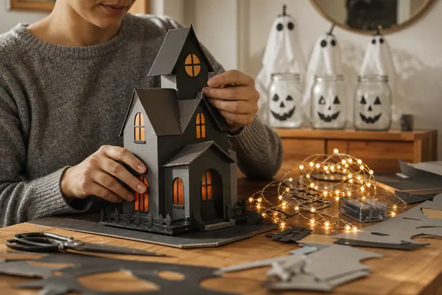 Maison hantée en carton et bocaux LED fabriqués sur une table d’entrée.