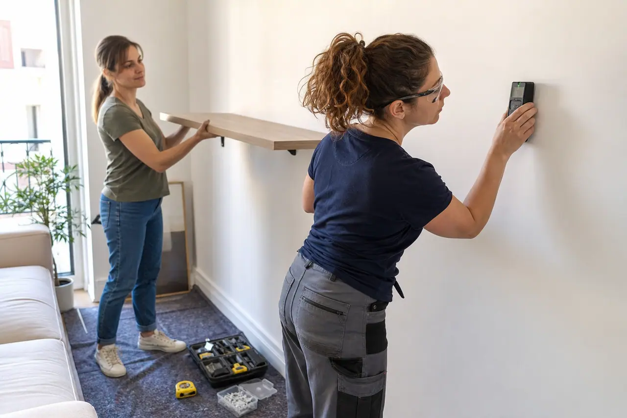 Intervenante vérifiant un mur avant de poser une étagère chez une cliente.