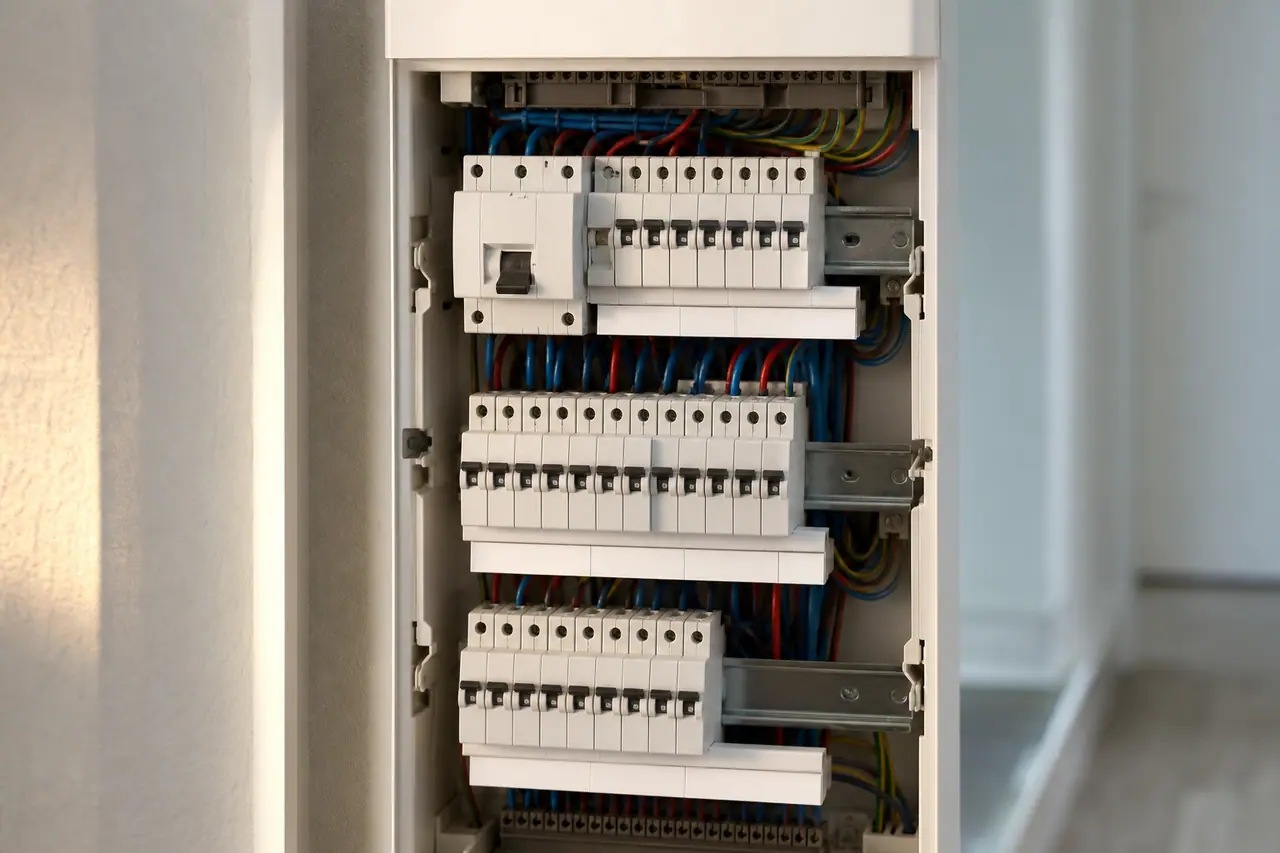 Tableau électrique domestique ouvert avec un interrupteur différentiel en position basse