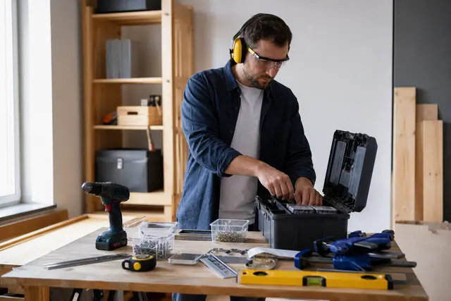 Boîte à outils organisée sur établi avec perceuse, mètre, vis et protections.