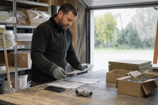 Particulier vérifiant factures et matériaux pour poursuivre un chantier interrompu.