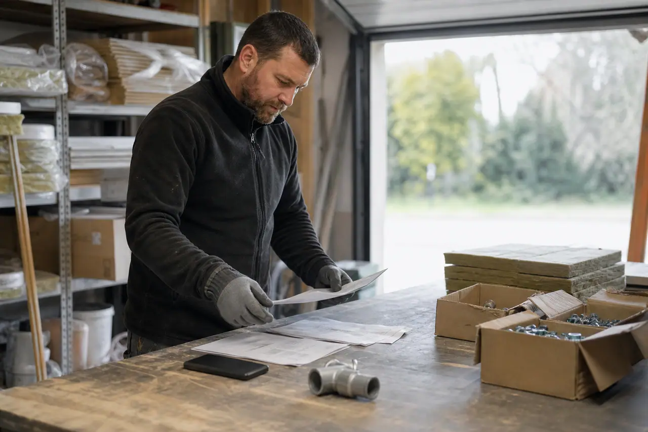 Particulier vérifiant factures et matériaux pour poursuivre un chantier interrompu.