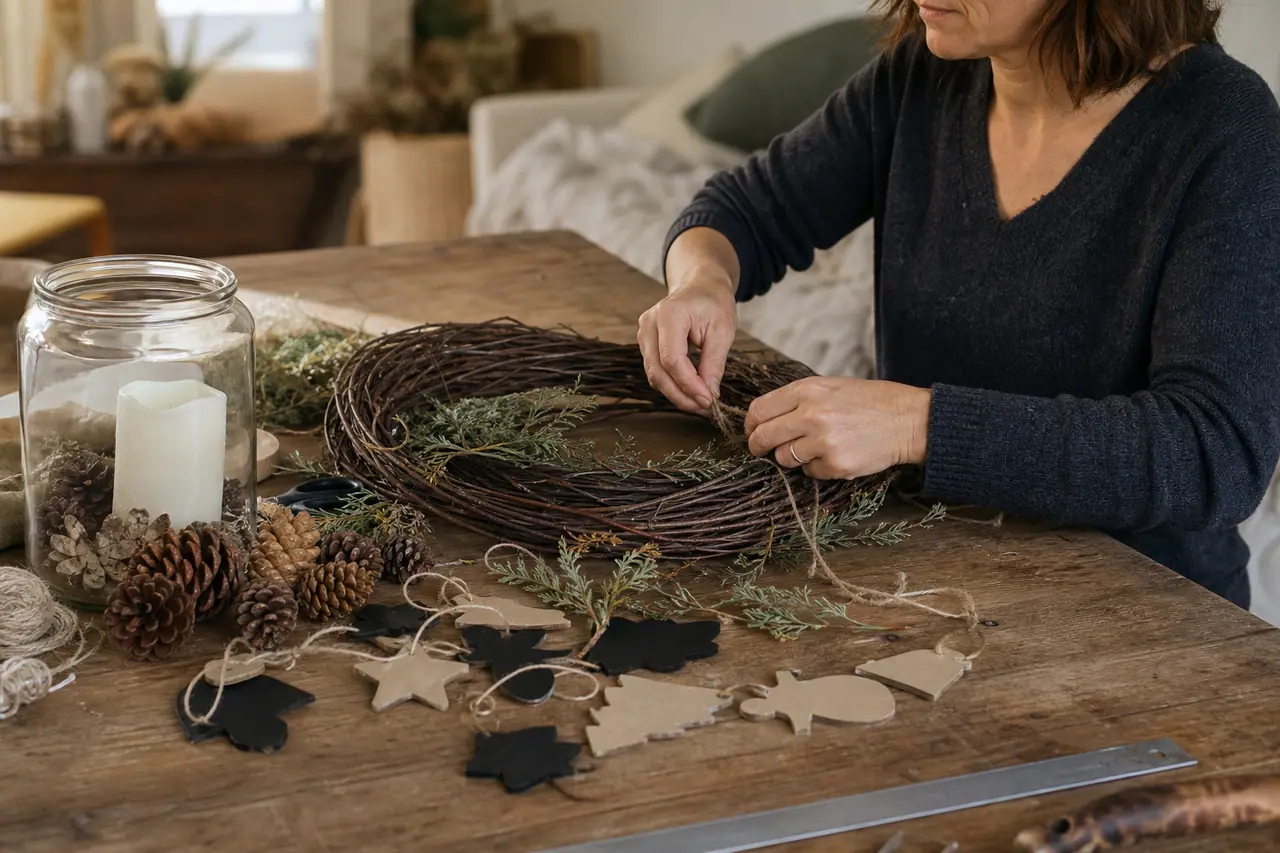 Atelier de décorations de Noël en carton, bocal lumineux et branches naturelles.