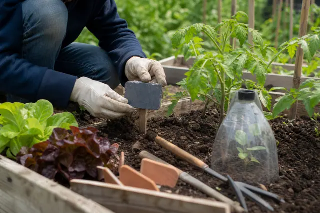 Étiquettes récupérées en ardoise et bois installées près de jeunes plants potagers.