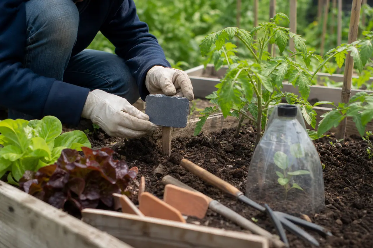 Étiquettes récupérées en ardoise et bois installées près de jeunes plants potagers.