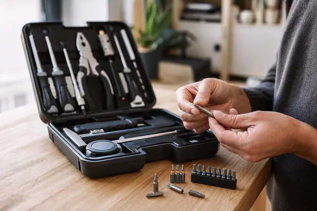 Petit coffret d’outils ouvert avec tournevis, pince, marteau et embouts contrôlés.