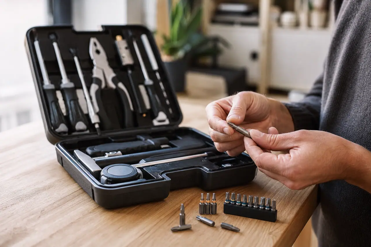 Petit coffret d’outils ouvert avec tournevis, pince, marteau et embouts contrôlés.