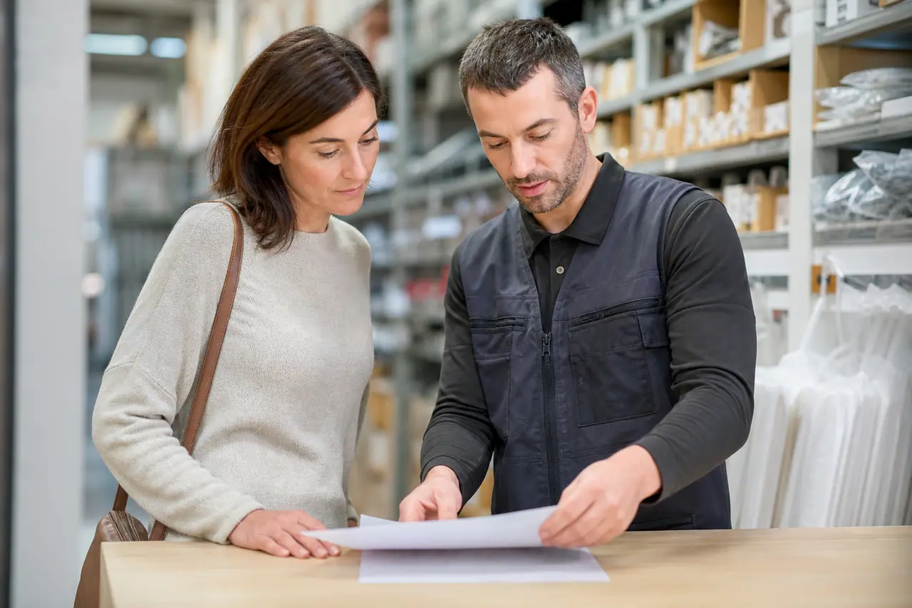 Cliente échangeant avec un vendeur dans un magasin de bricolage local