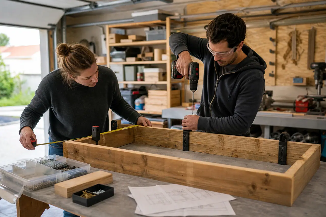 Deux personnes mesurent et assemblent un carré potager en bois dans un atelier.
